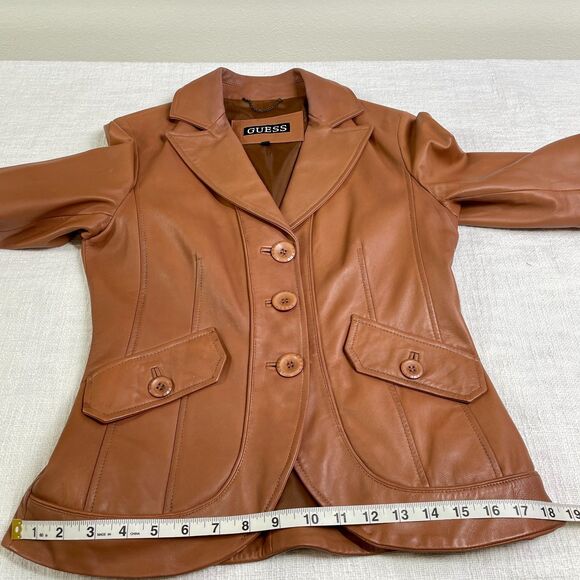 Guess Leather Jacket Small 70s Style Brown Camel Leather Jacket Size Small Guess - Picture 11 of 16
